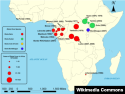 Мапа выпадкаў захворваньняў на ліхаманку Эбола ў Афрыцы з 1979 да 2008 году
