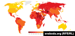 Чым сьвятлейшы колер, тым менш карумпаваная краіна. Шэры колер — няма дадзеных.