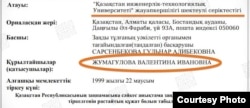 Валентина Жұмағұлованың университет иеленіп отырғанын дәлелдейтін құжат.